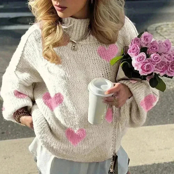 Beige Casual Women's Heart Pattern Drop Shoulder Oversize Lantern Sleeve Sweater - Picture 3 of 6